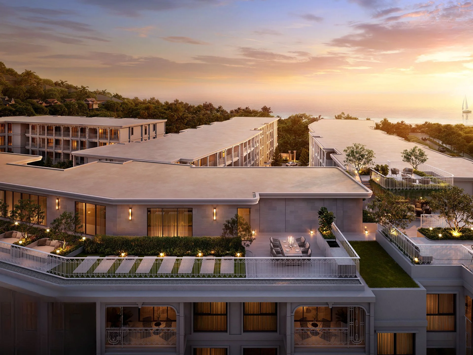 Architecture du Title Biancana avec terrasses sur le toit et vue sur la mer, Suri