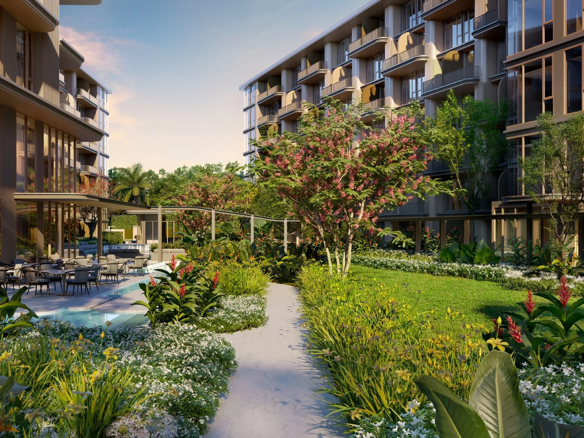 Cortile paesaggistico con giardini tropicali e piscina negli appartamenti PEYLAA, Laguna