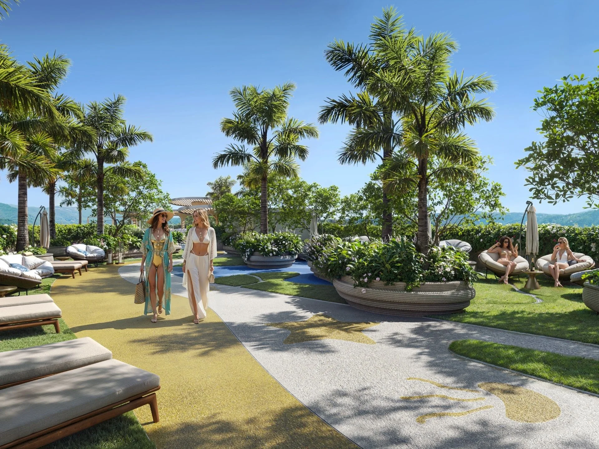Upravená rekreační zóna s palmami a odpočívacími místy v Sun Hills Lakeside, Bang Tao