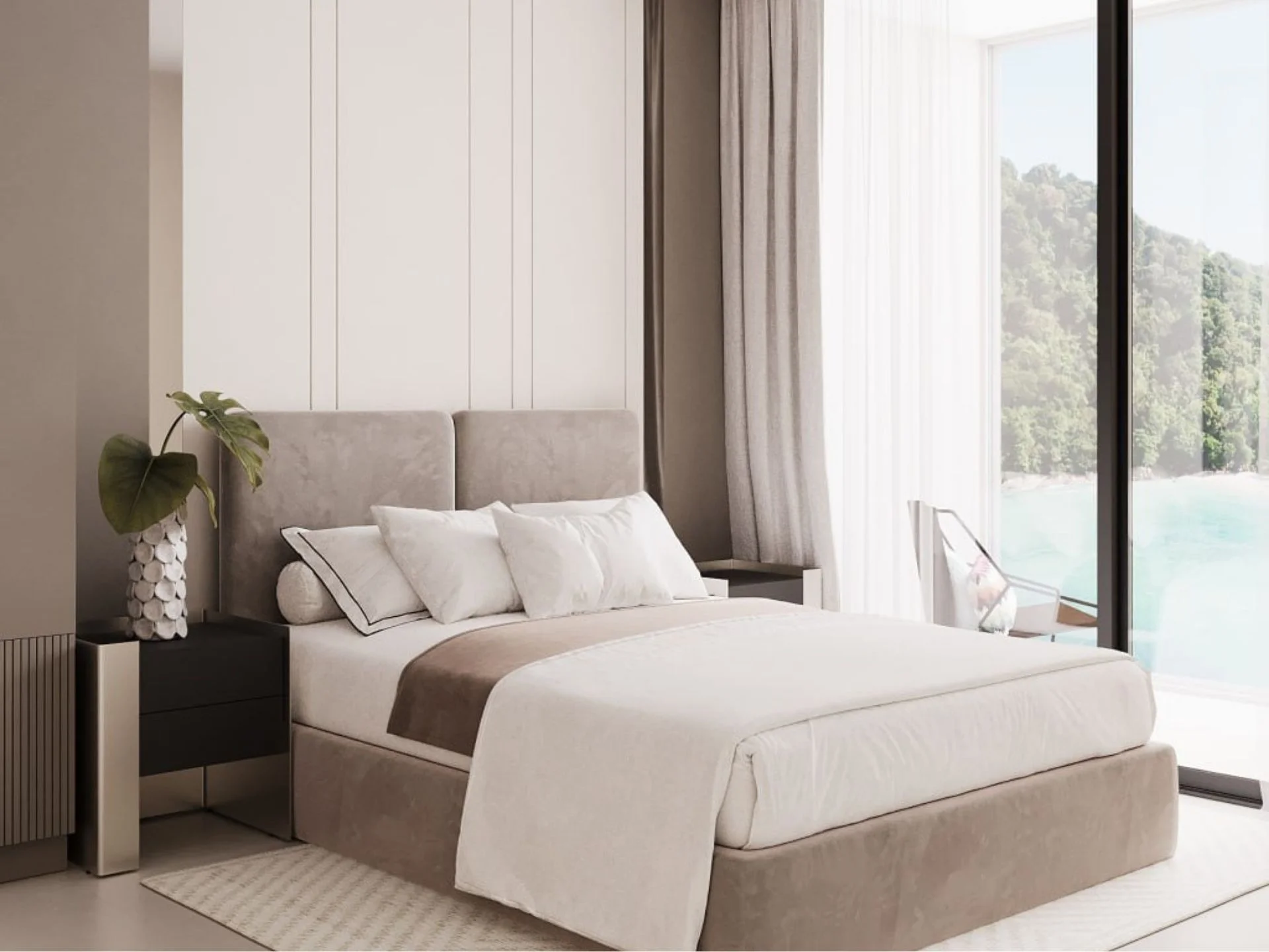 Hlavní ložnice s výhledem na hory v apartmánech Sun Hills Lakeside, Bang Tao