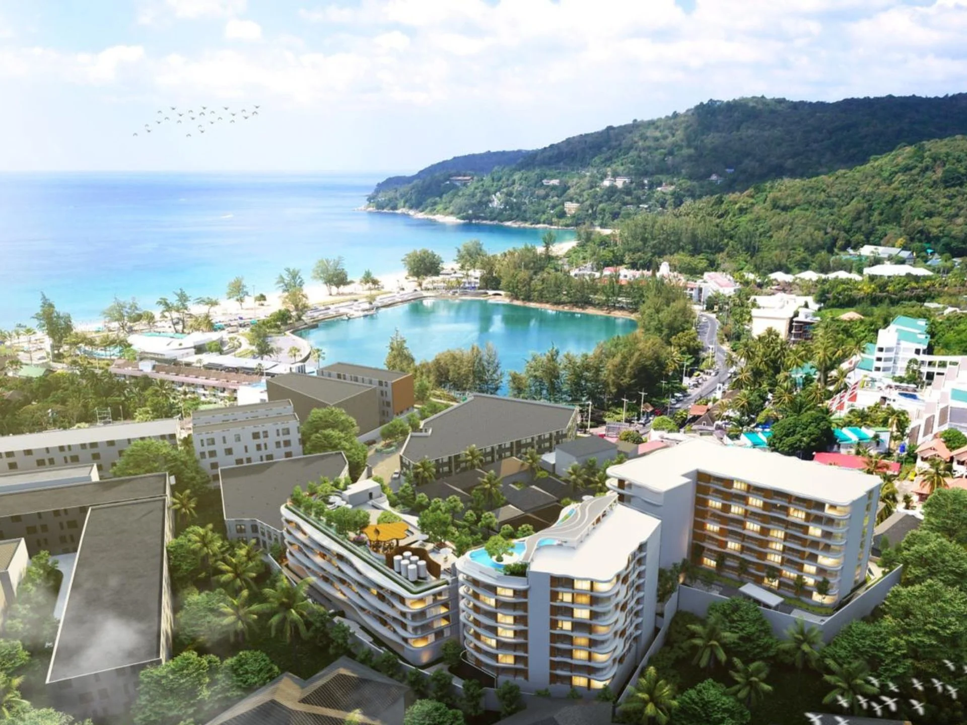 Вид с воздуха на комплекс VIBE Residence Karon с лагуной и Андаманским морем