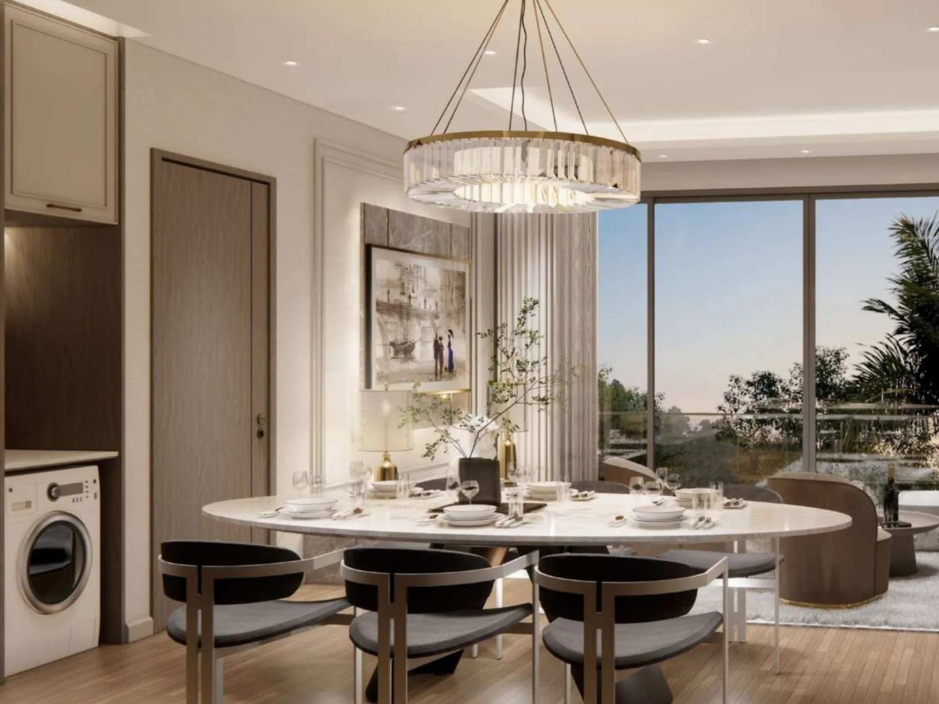 Cucina open-plan e zona pranzo con finestre panoramiche in appartamento 2 camere a The Petit Tycoon, Suri