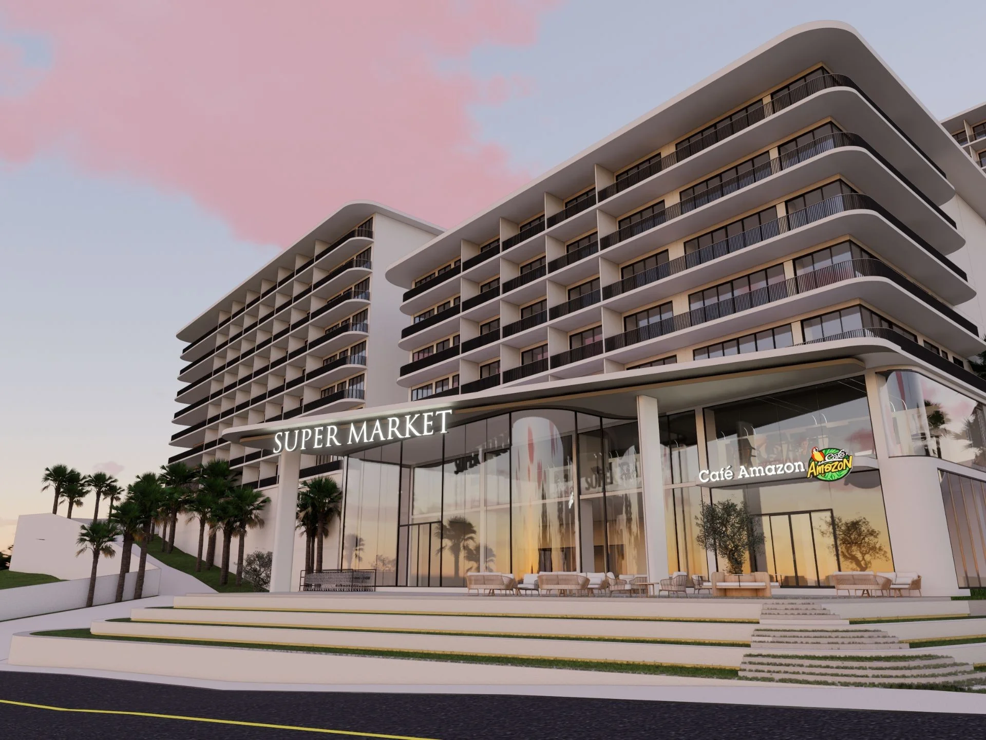 Moderne Architektur der Ever Prime Residences mit Einzelhandel im Erdgeschoss, Karo