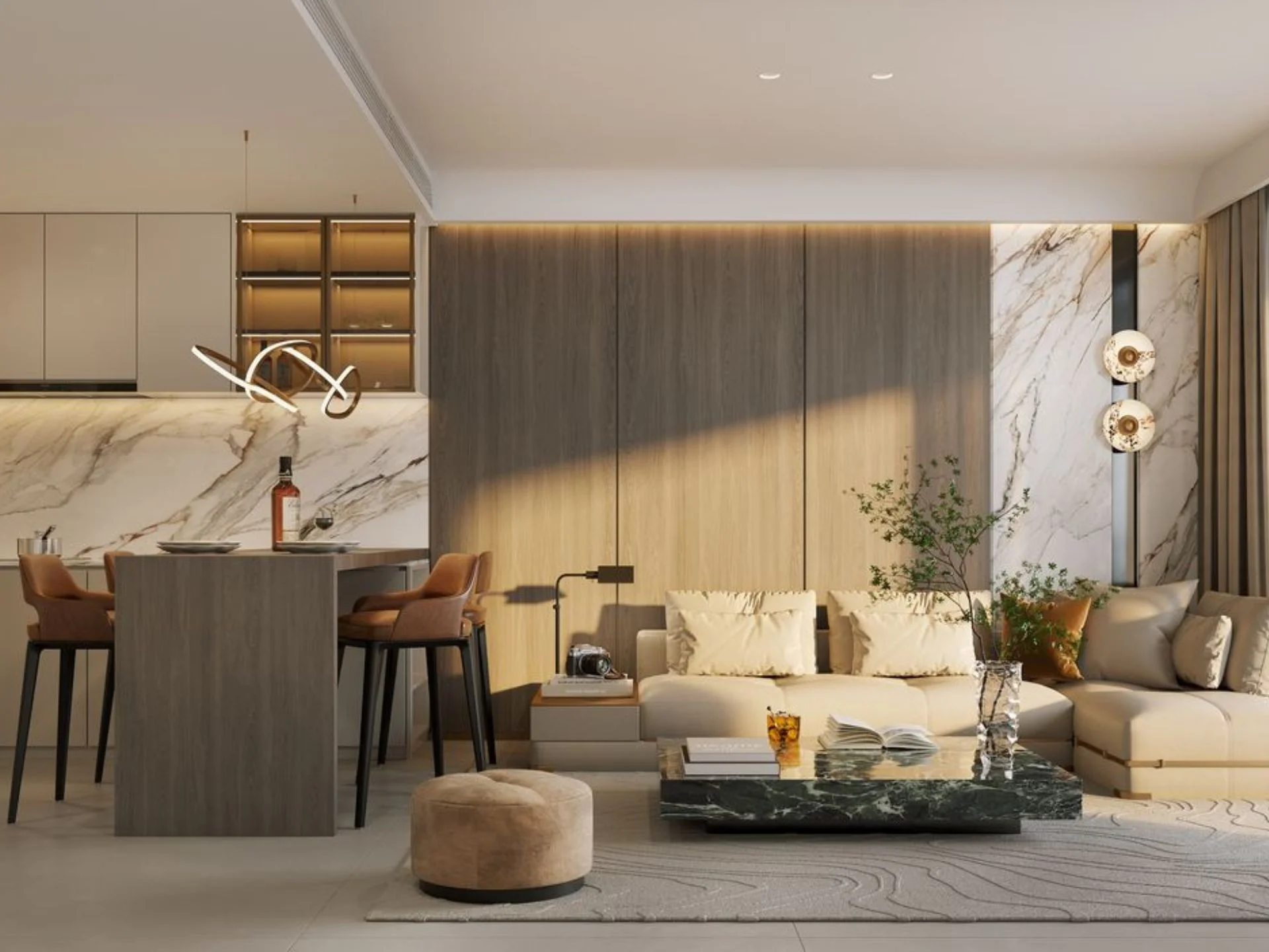 Гостиная и кухня в 1-комнатной квартире AYANA Heights, Банг Тао