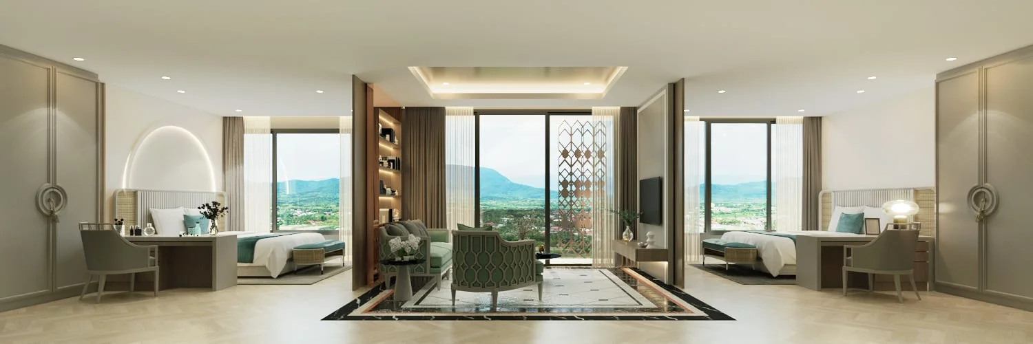 Lujoso dormitorio con vista a las montañas en apartamento de 2 habitaciones en 8 Atelier Residence, Bang Tao