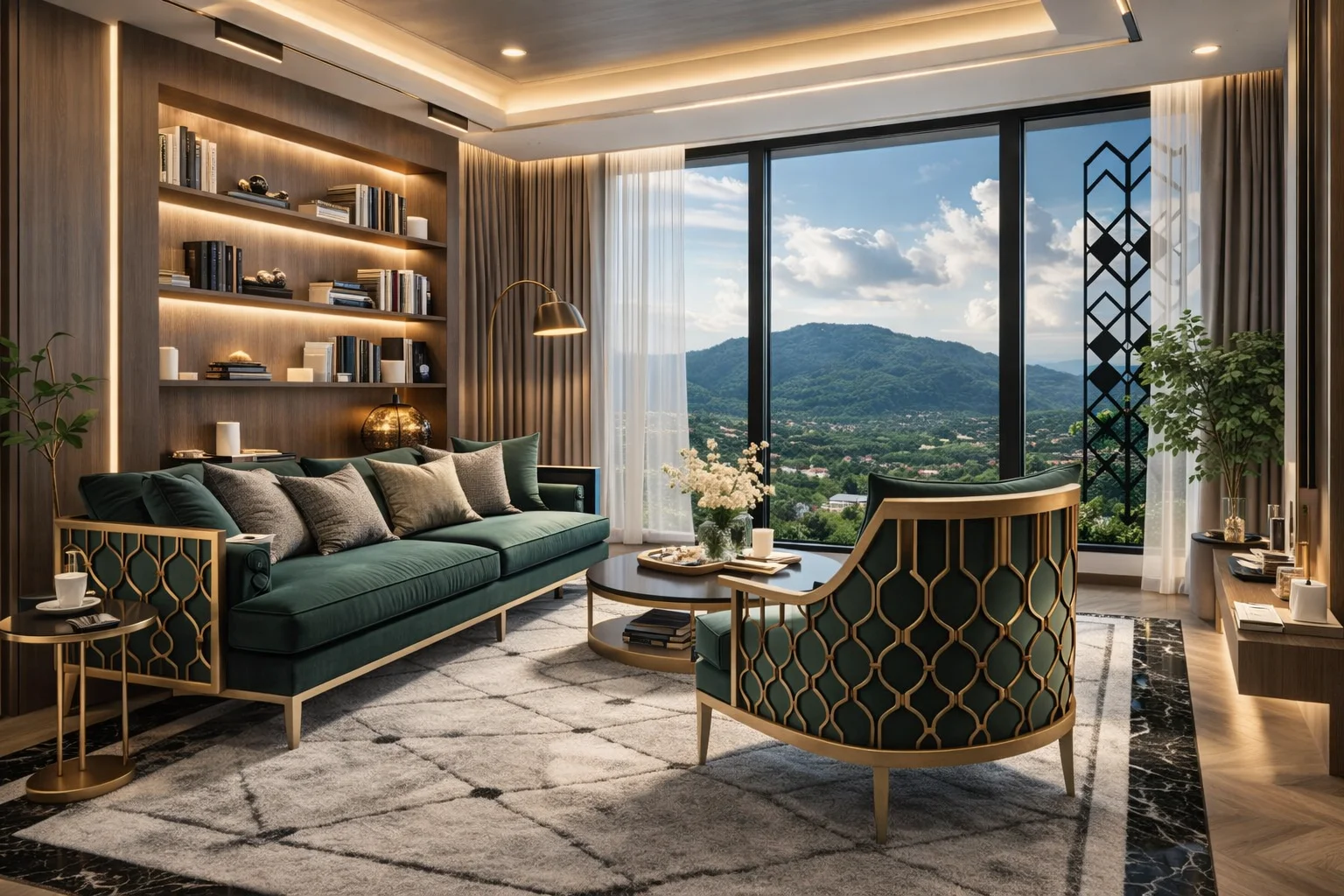 Sala de estar con vista a la montaña en apartamento de 2 dormitorios en 8 Atelier Residence, Bang Tao