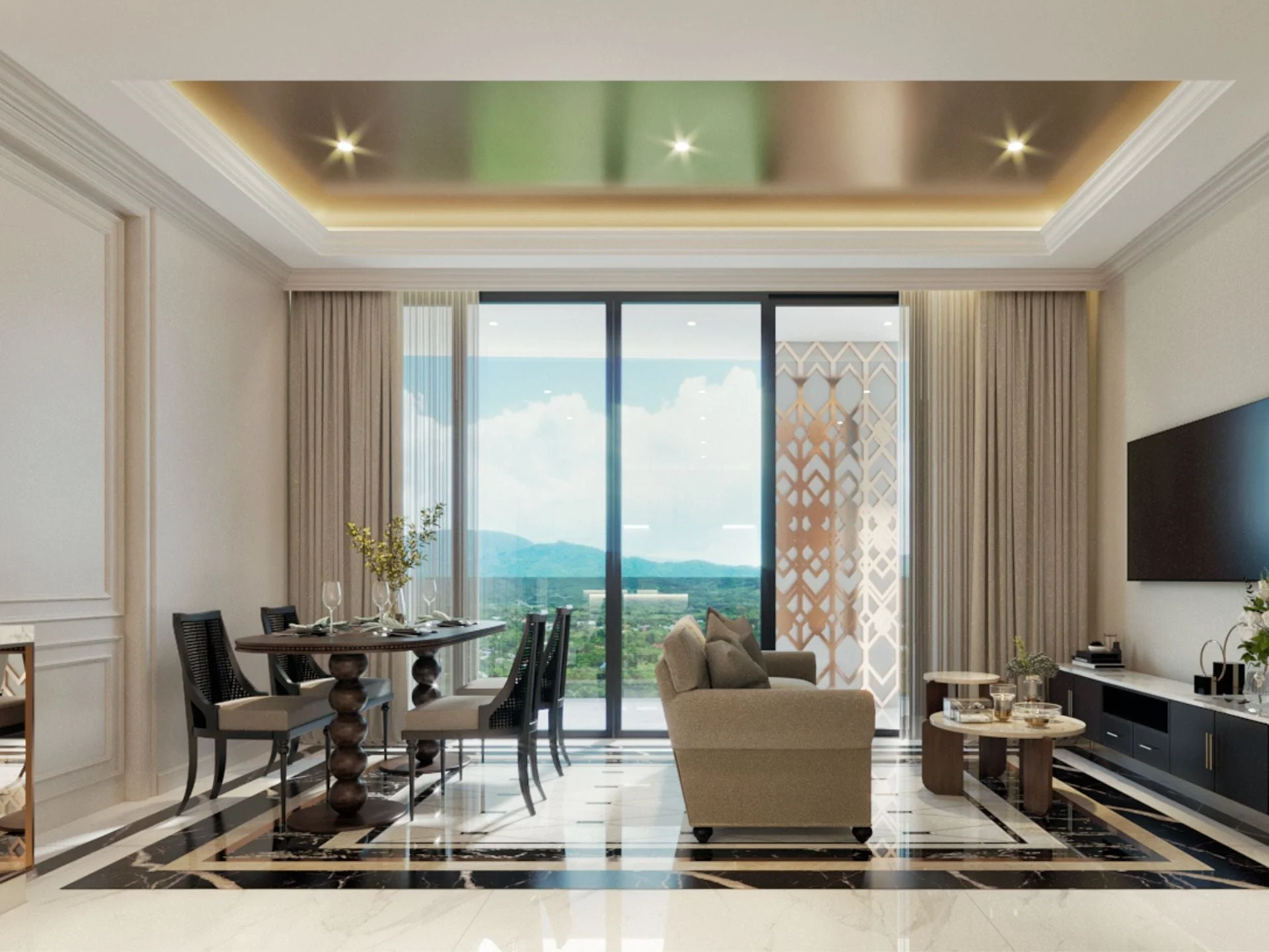 Гостиная с видом на море в 3-комнатной квартире в 8 Atelier Residence, Bang Tao