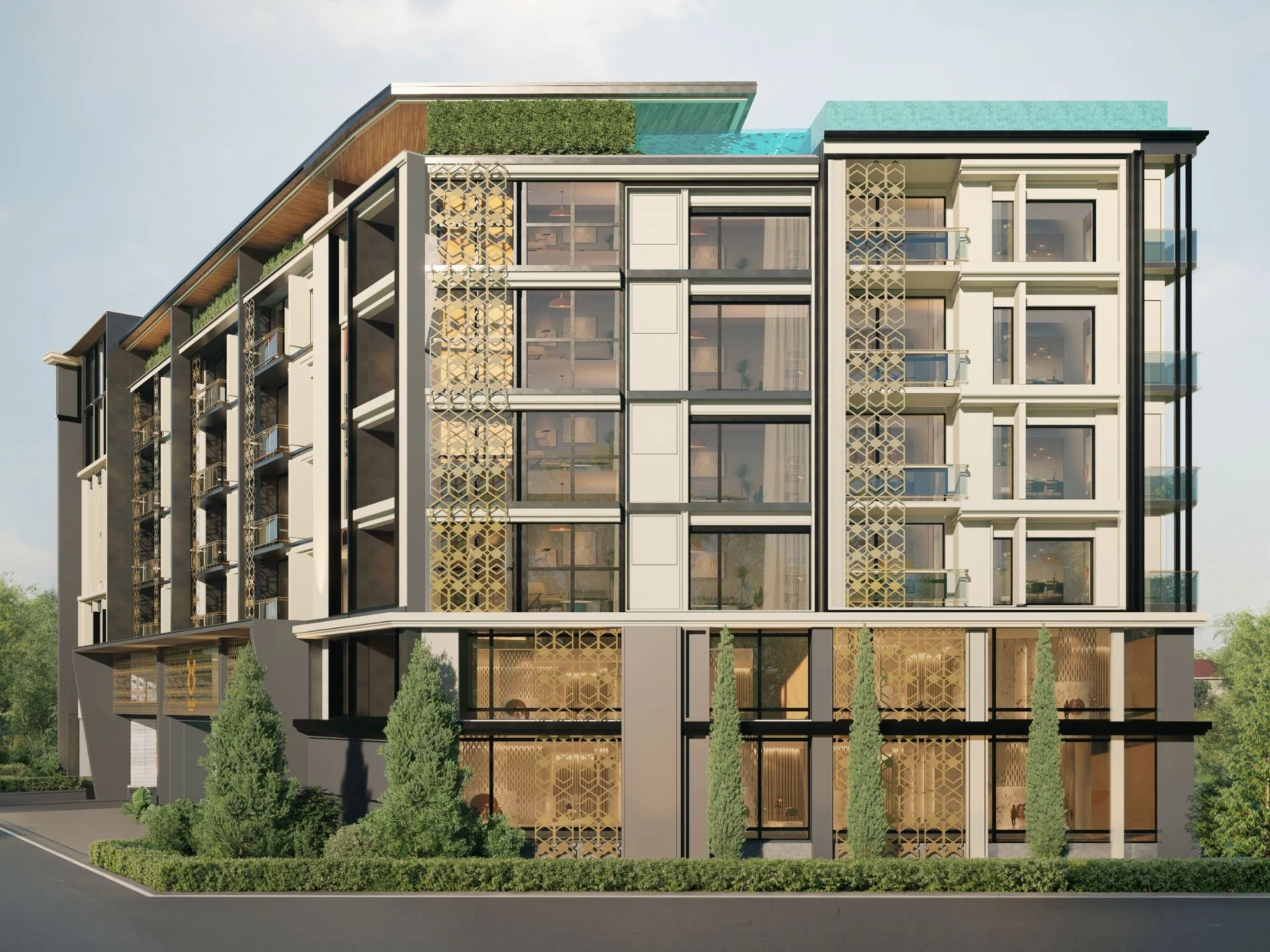 Fachada de edificio de apartamentos moderno con pantallas de celosía geométrica y vegetación en azotea en 8 Atelier Reside...
